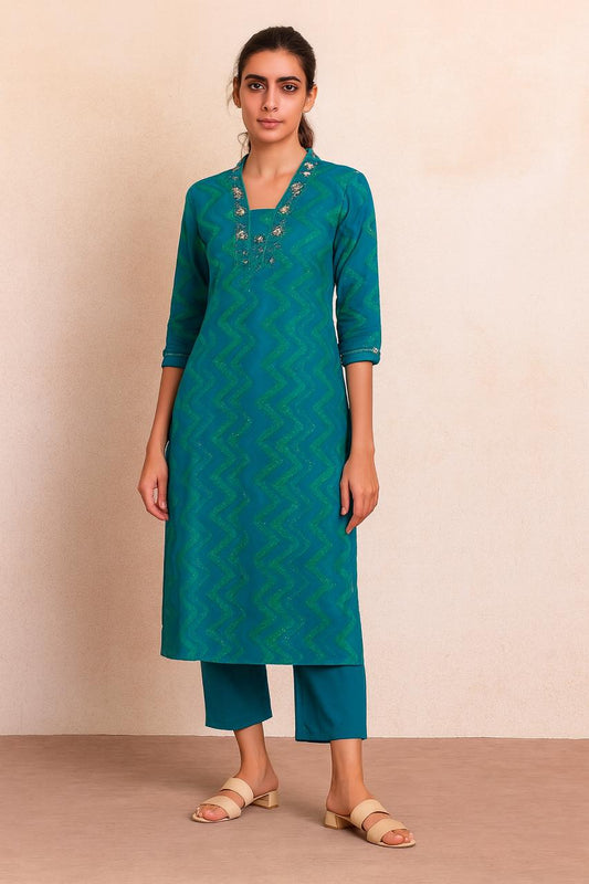 Teal Blue Zig-Zag Patterned Kurta Set with Embroidered Neckline