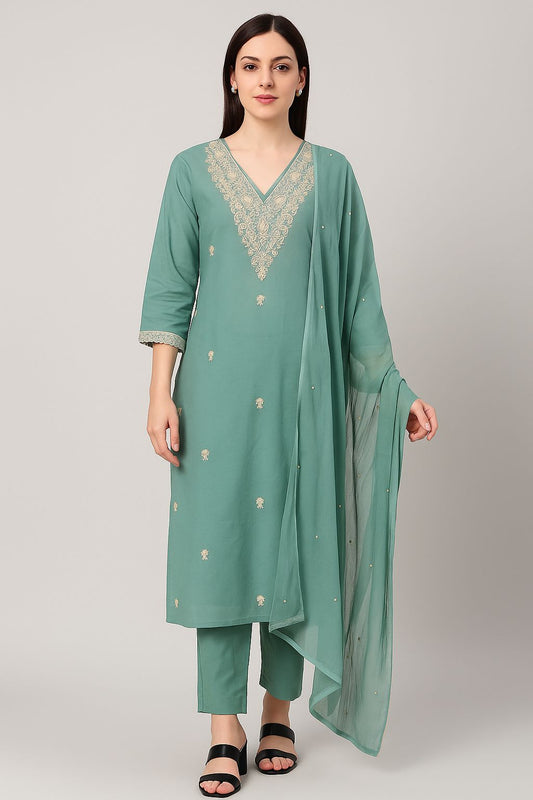 Pastel Green Maslin Embroidered Kurti Set with Dupatta – Elegant 3-Piece Ethnic Wear for Women