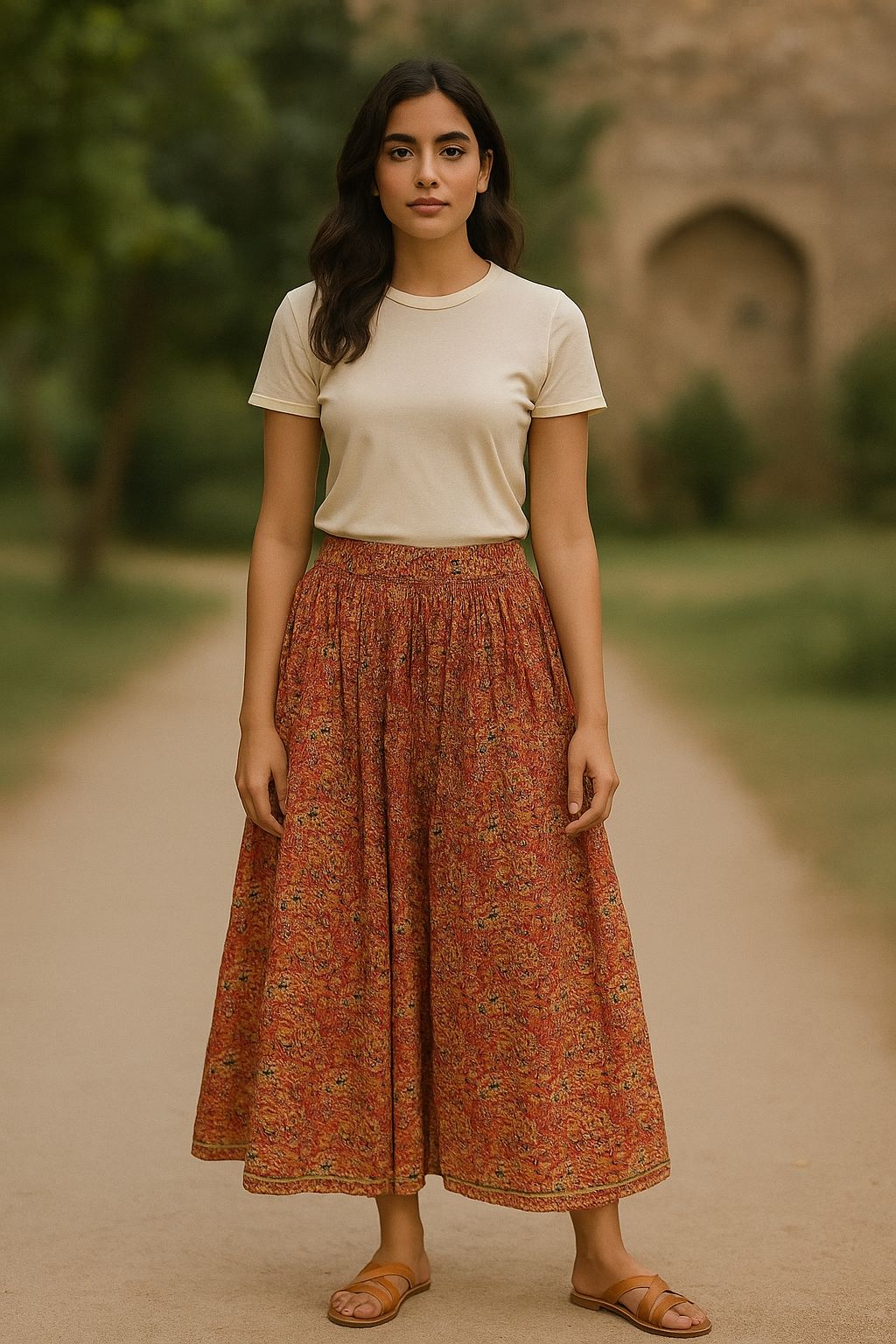 Rust Red Handblock Printed Cotton Flared Skirt for Women – Bohemian Ethnic Long Skirt with Elastic Waist