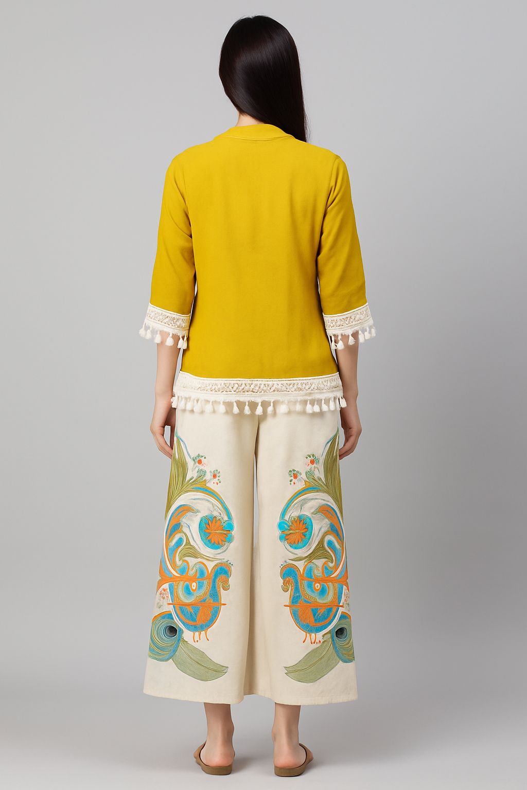 Mustard Yellow Cotton Co-ord Set for Women with Embroidered Cream Pants – Handcrafted Boho Chic Summer Outfit