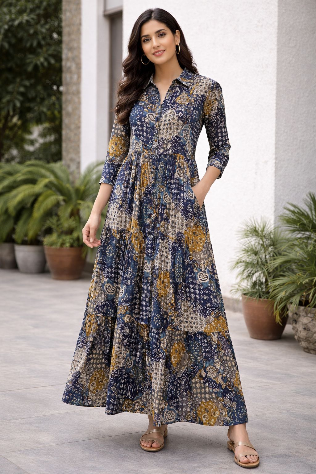 Women’s Blue Printed Cotton Long Dress – Elegant Ethnic Maxi Dress | Natural Fab