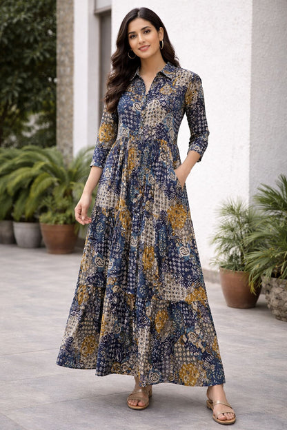 Women’s Blue Printed Cotton Long Dress – Elegant Ethnic Maxi Dress | Natural Fab