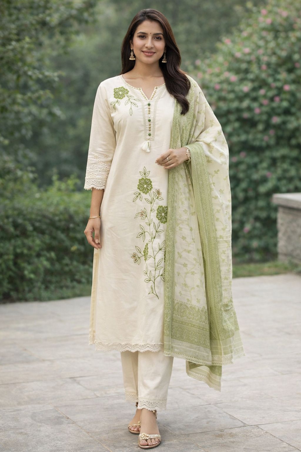 Off White Cotton Kurti Set with Green Floral Embroidery & Dupatta – Elegant Everyday Ethnic Wear | Natural Fab