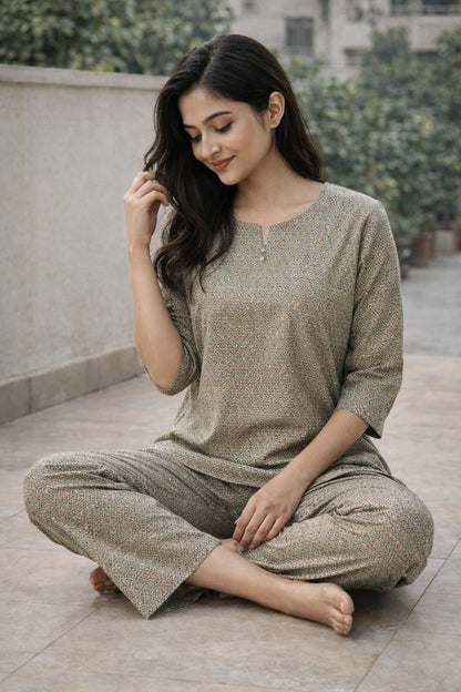 Women’s Olive Green Printed Cotton Night Suit – Soft & Comfortable Sleepwear Set