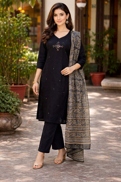 Black Embellished Cotton Kurti Set with Printed Pants & Dupatta for Women | Festive Ethnic Wear – Natural Fab