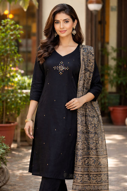 Black Embellished Cotton Kurti Set with Printed Pants & Dupatta for Women | Festive Ethnic Wear – Natural Fab