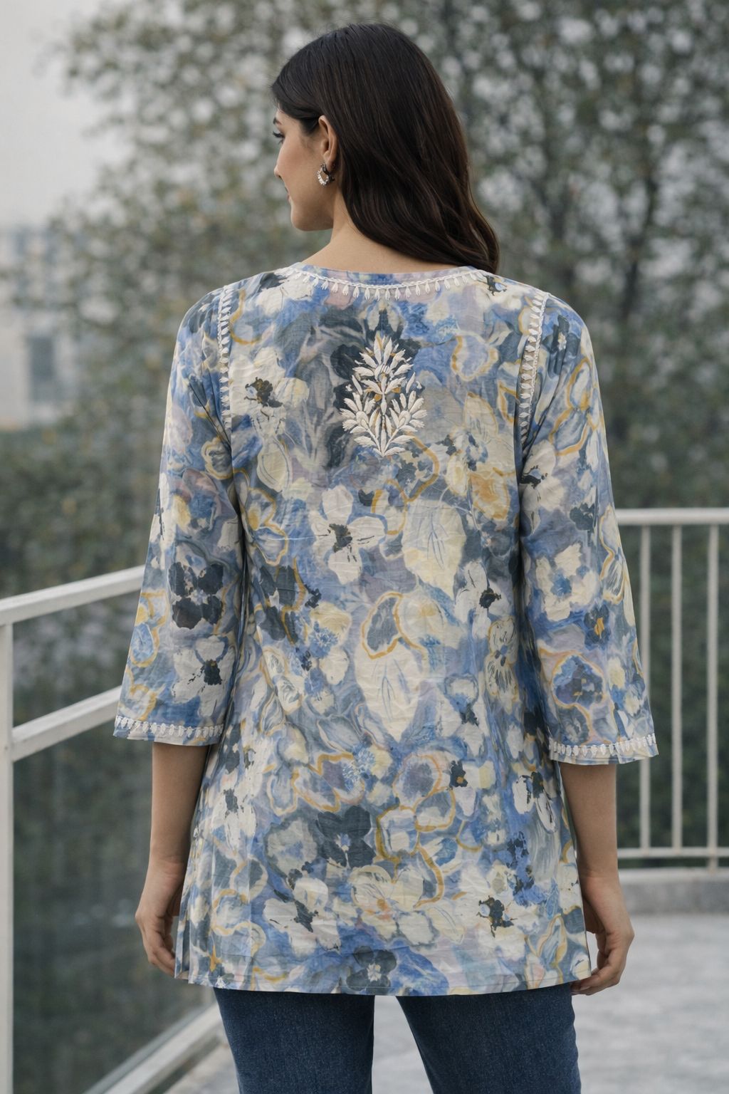 Women’s Cotton Chikankari Short Kurti | Floral Embroidered Casual Ethnic Top