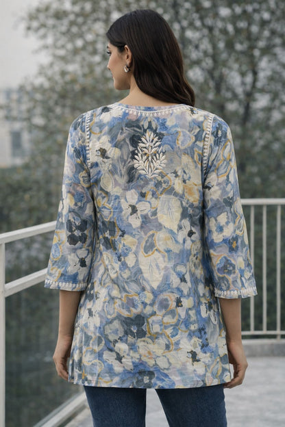 Women’s Cotton Chikankari Short Kurti | Floral Embroidered Casual Ethnic Top