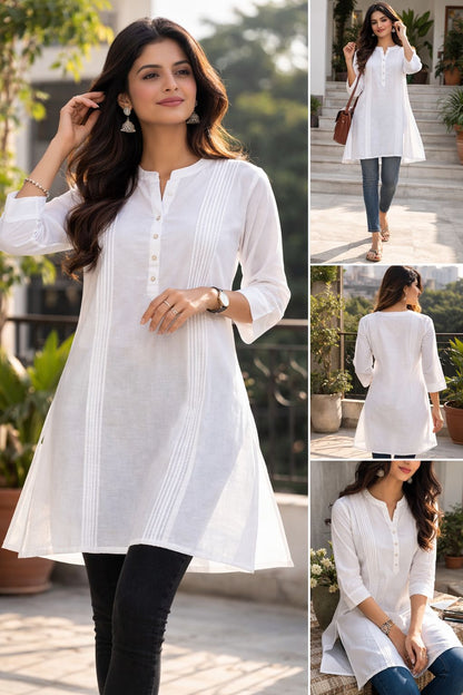 Women’s White Cotton Short Kurti | Solid Casual Ethnic Top for Office & Daily Wear