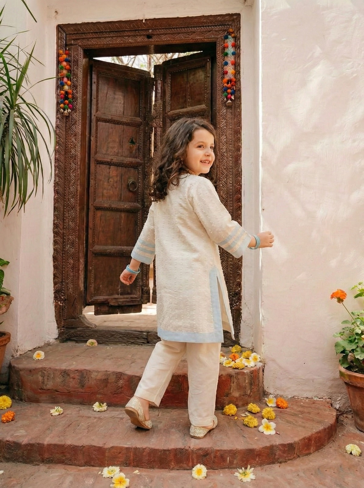 Girls Pure Cotton Co-Ord Set – Embroidered Floral Kurti & Pants | Kids Ethnic Casual Summer Outfit