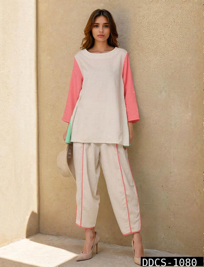 Women’s Premium Cotton Co-Ord Set | Beige Summer Outfit with Contrast Sleeves & Straight Pants | Lightweight Casual & Vacation Wear | Natural Fab