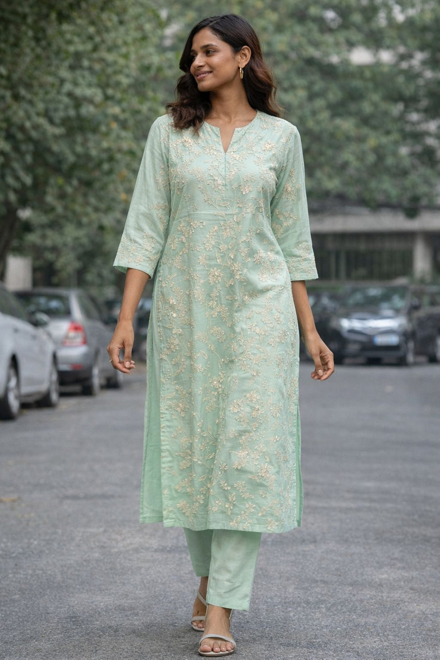 Women’s Kota Doria Kurta Set with Cotton Pants | Embroidered Straight Kurti with Lining | Elegant Ethnic Wear for Summer & Festive Occasions