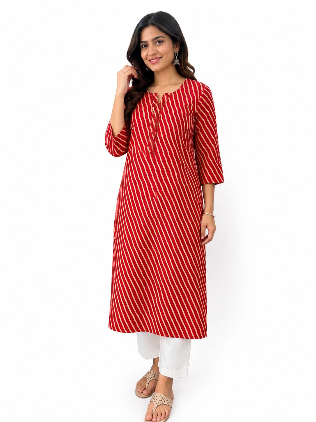 Women Red Printed Cotton Kurti for Women | Ethnic Straight Kurta with 3/4 Sleeves