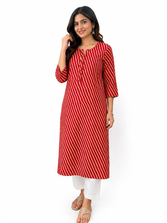 Women Red Printed Cotton Kurti for Women | Ethnic Straight Kurta with 3/4 Sleeves