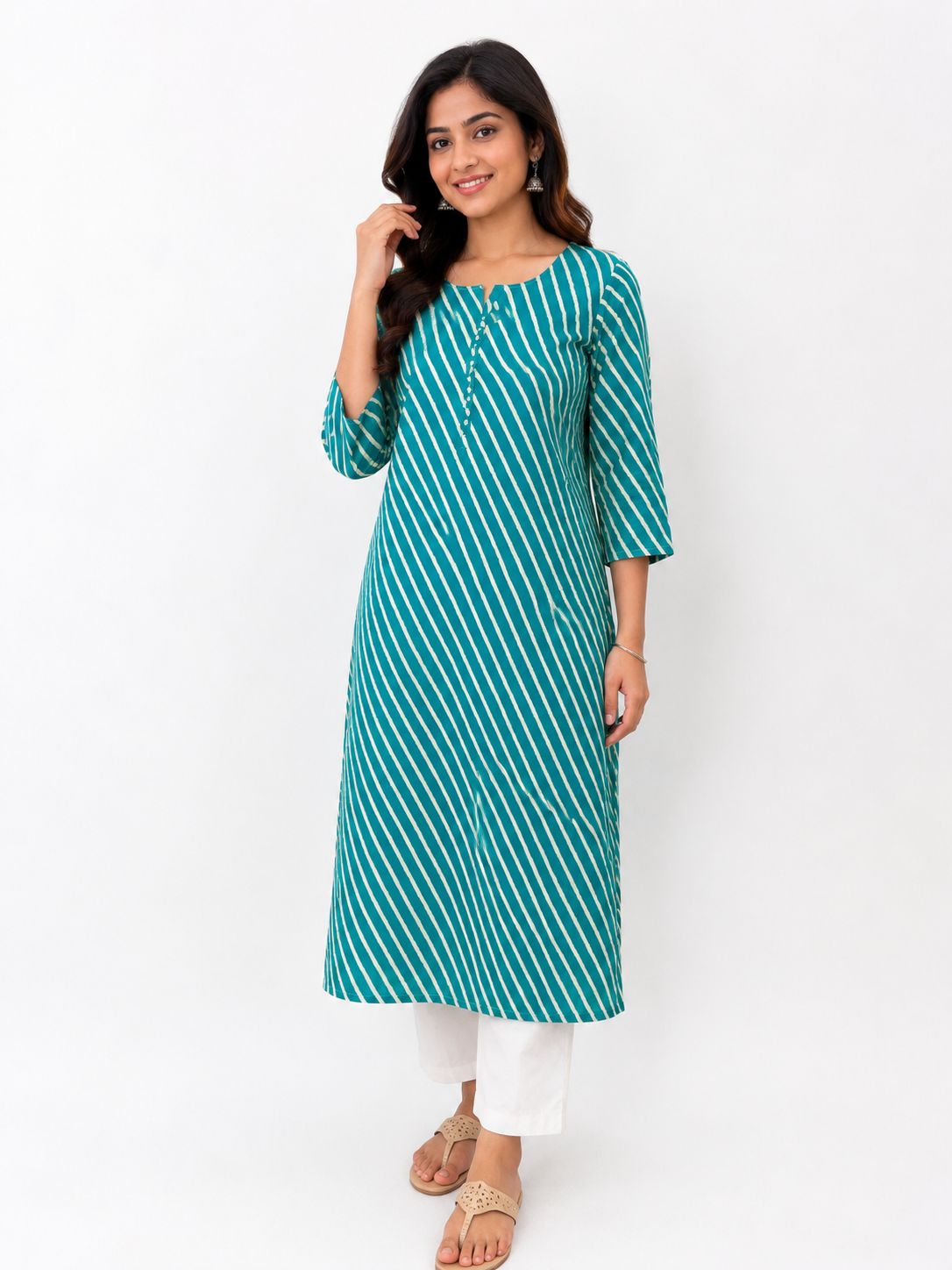 Women Teal Green Printed Cotton Kurti for Women | Straight Ethnic Kurta with 3/4 Sleeves