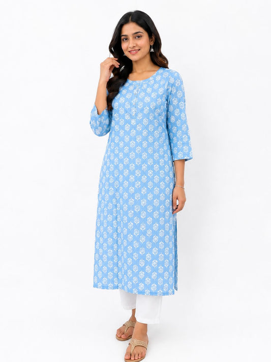 Women Sky Blue Printed Cotton Kurti for Women | Straight Ethnic Kurta with 3/4 Sleeves