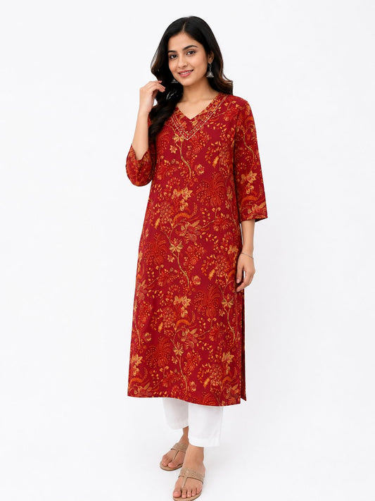 Women Maroon Floral Printed Cotton Kurti for Women | Ethnic Straight Kurta with V-Neck
