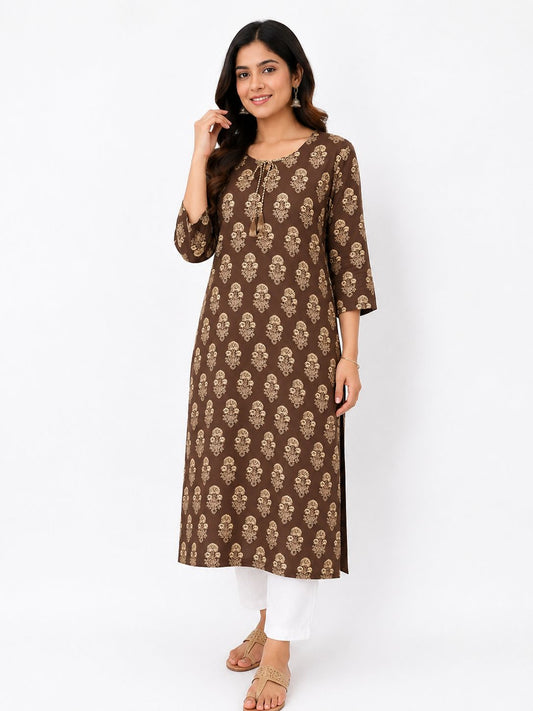 Women Brown Floral Printed Straight Kurti | Ethnic Cotton Kurta for Daily & Casual Wear