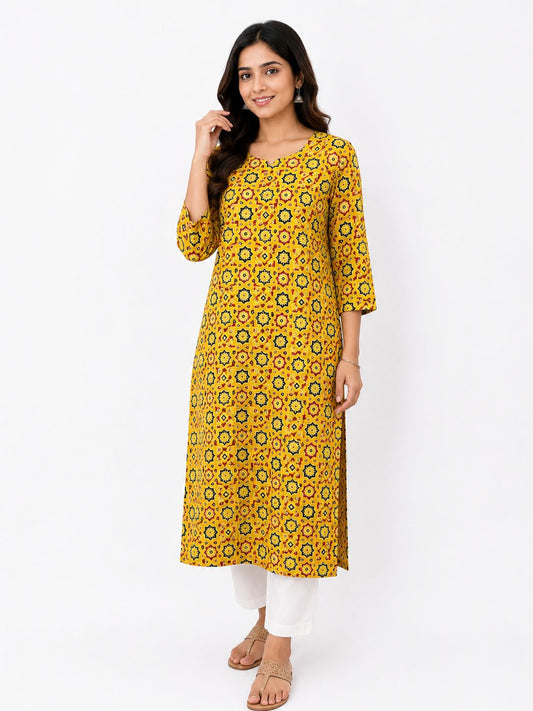 Women Yellow Geometric Printed Cotton Kurti for Women | Straight Ethnic Kurta with 3/4 Sleeves