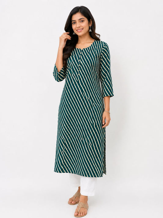 Women Dark Green Striped Cotton Kurti for Women | Straight Ethnic Kurta with 3/4 Sleeves