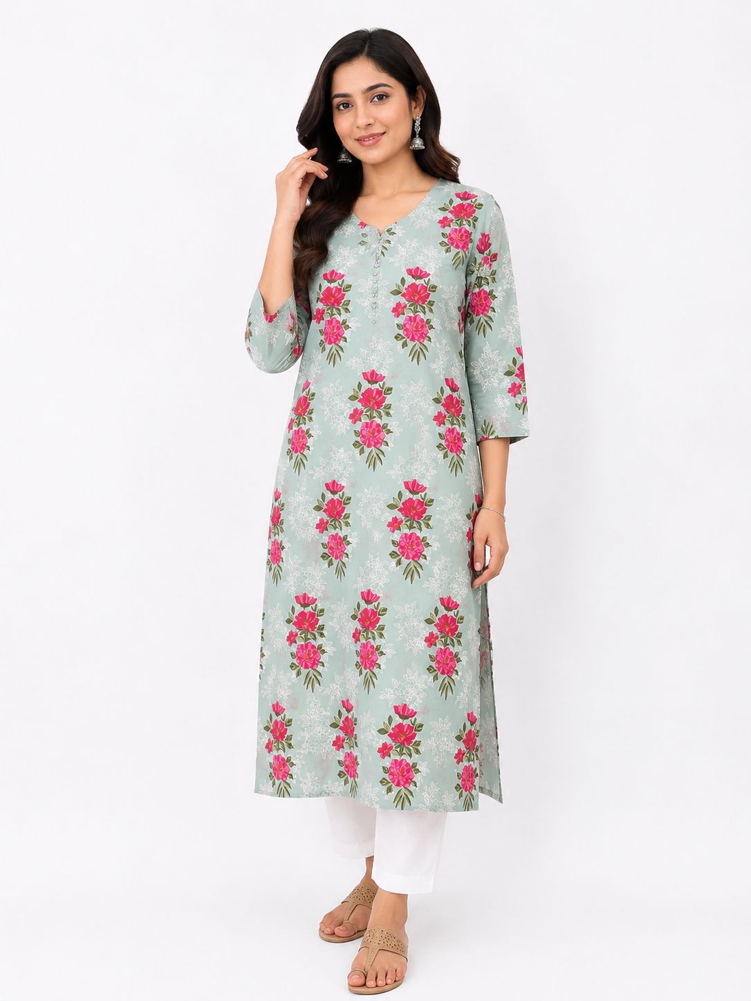 Women Sea Green Floral Printed Straight Kurti | Elegant Ethnic Kurta for Casual & Office Wear