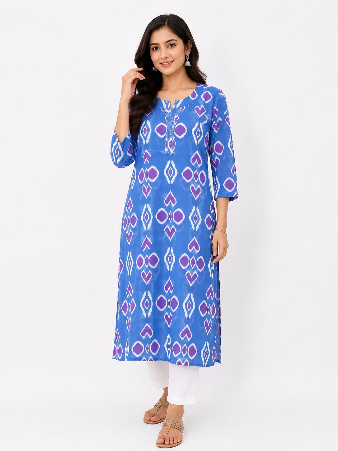 Women Blue Ikat Printed Cotton Kurti for Women | Straight Ethnic Kurta with 3/4 Sleeves