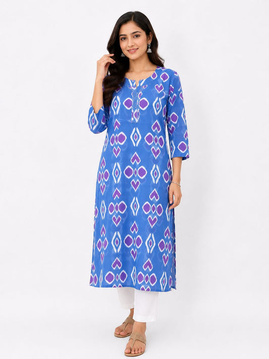 Women Blue Ikat Printed Cotton Kurti for Women | Straight Ethnic Kurta with 3/4 Sleeves