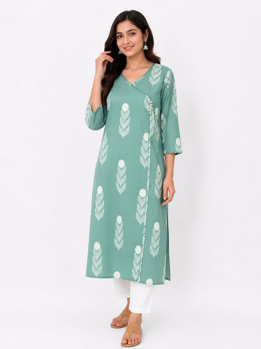 Women Sea Green Printed Straight Kurti | Elegant Ethnic Kurta for Casual, Office & Daily Wear