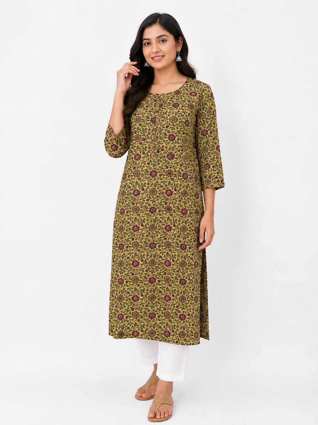 Women Brown Floral Printed Cotton Kurti for Women | Straight Ethnic Kurta with 3/4 Sleeves