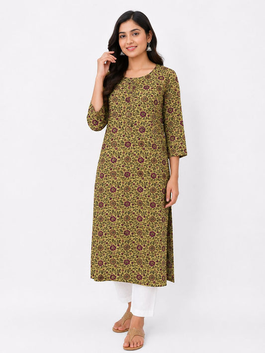 Women Brown Floral Printed Cotton Kurti for Women | Straight Ethnic Kurta with 3/4 Sleeves