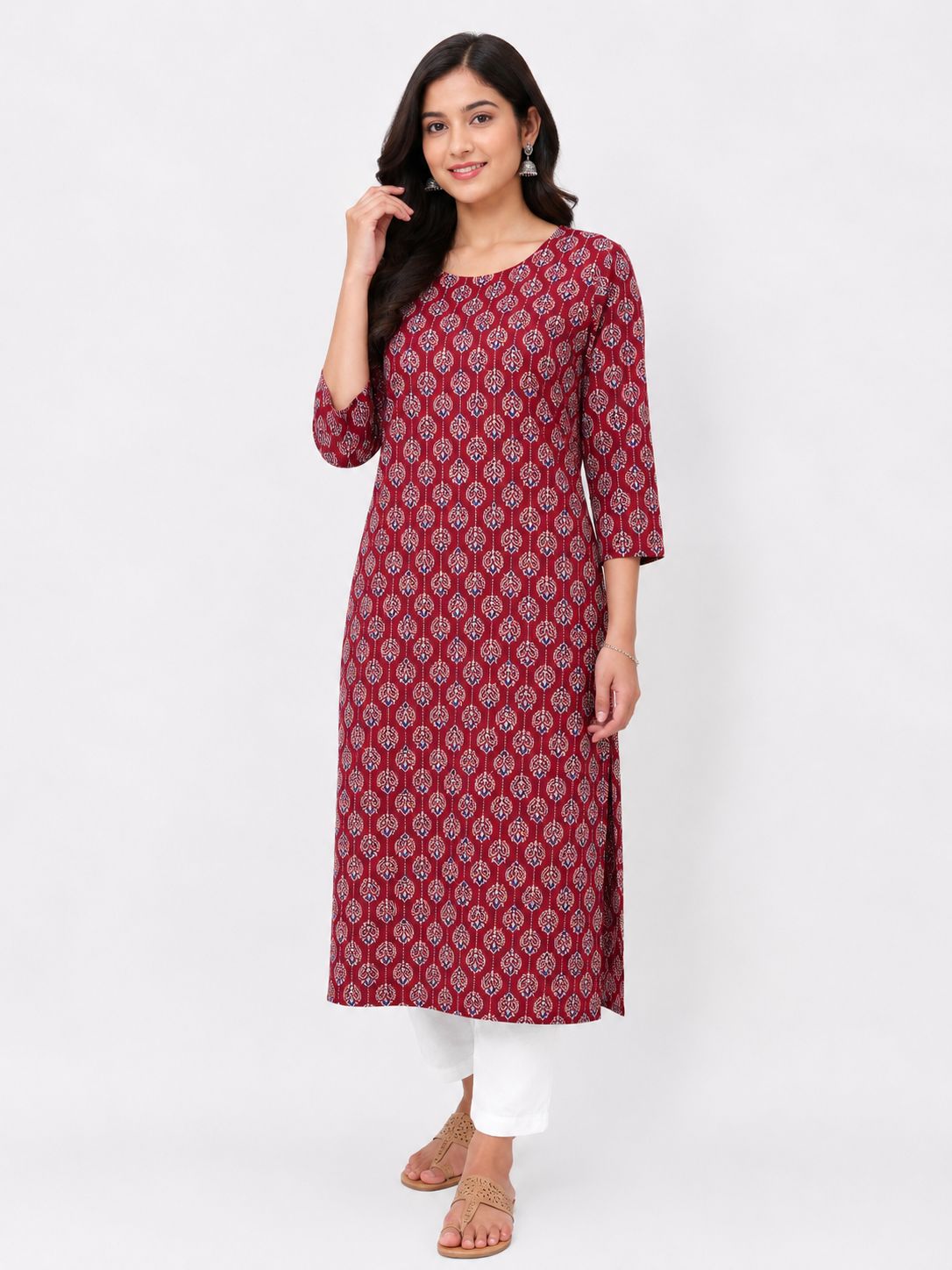 Women Maroon Printed Straight Kurti | Stylish Ethnic Kurta for Casual, Office & Daily Wear
