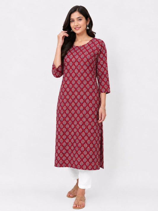 Women Maroon Printed Straight Kurti | Stylish Ethnic Kurta for Casual, Office & Daily Wear