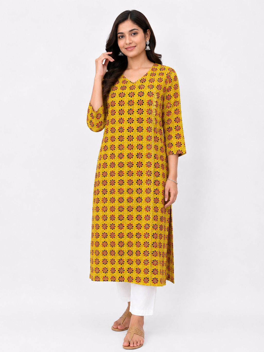 Women Mustard Yellow Floral Printed Cotton Kurti for Women | Straight Ethnic Kurta with V-Neck