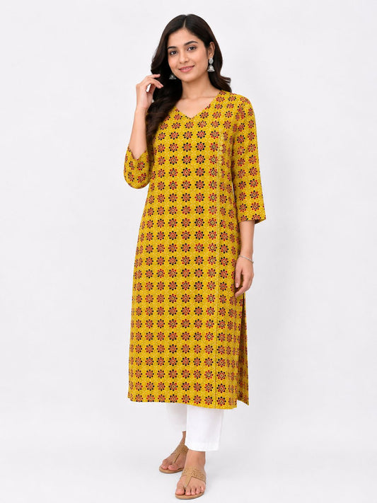 Women Mustard Yellow Floral Printed Cotton Kurti for Women | Straight Ethnic Kurta with V-Neck