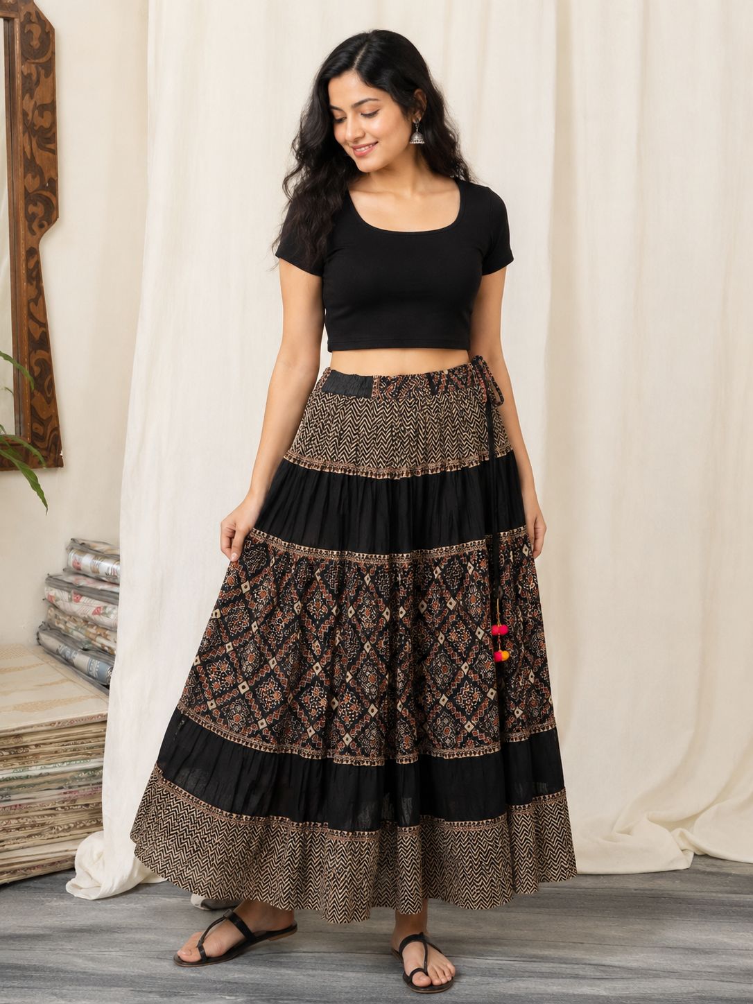Women Black Printed Cotton Long Skirt for Women | Boho Ethnic Flared Maxi Skirt