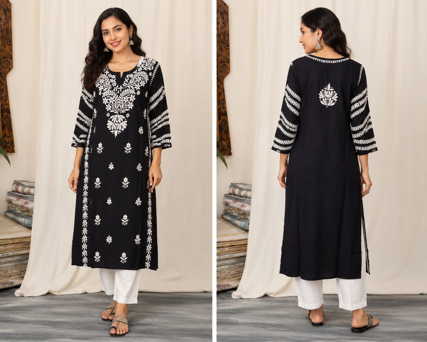 Women Black Chikankari Embroidered Kurti | Elegant Ethnic Straight Kurta for Festive & Casual Wear
