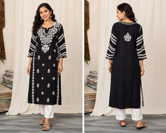 Women Black Chikankari Embroidered Kurti | Elegant Ethnic Straight Kurta for Festive & Casual Wear