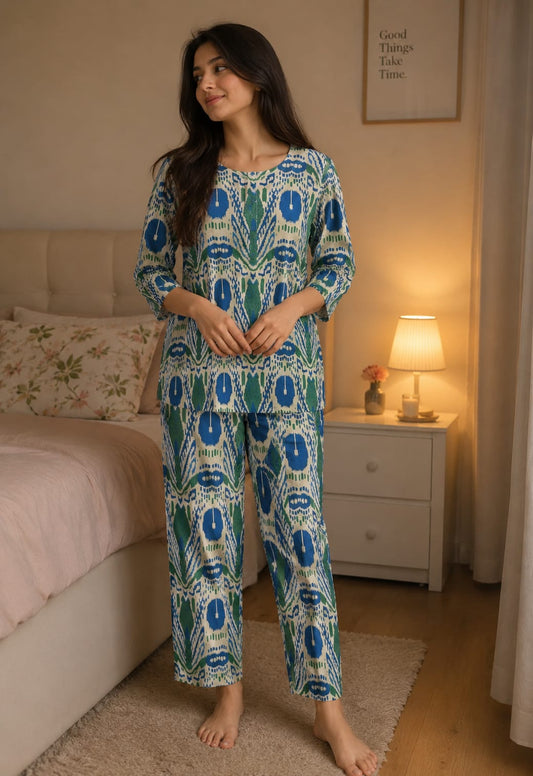 Women Pure Cotton Ikat Print Night Suit Set | Soft Breathable Nightwear Co-Ord Loungewear for Women | Comfortable Sleepwear Set