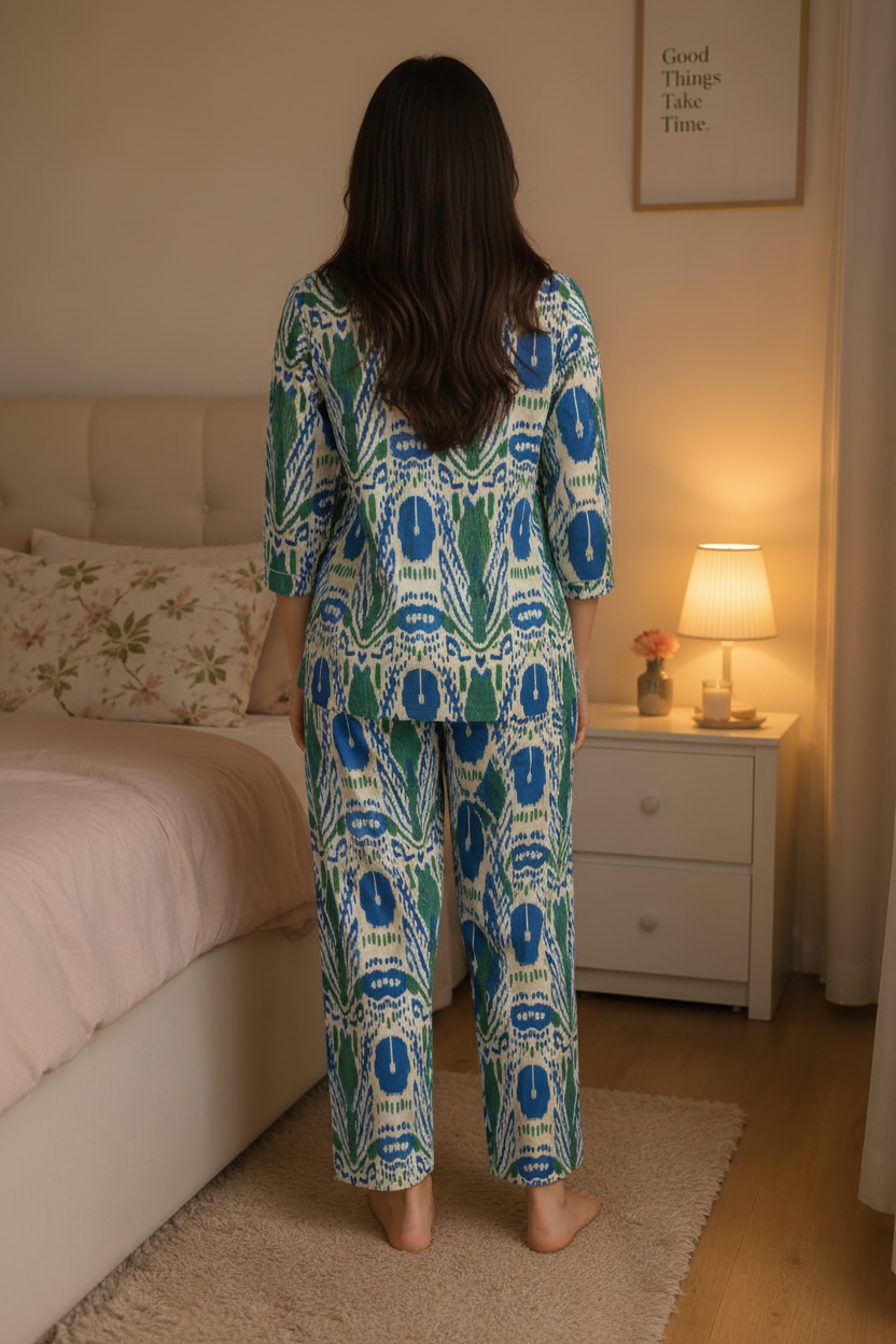 Women Pure Cotton Ikat Print Night Suit Set | Soft Breathable Nightwear Co-Ord Loungewear for Women | Comfortable Sleepwear Set