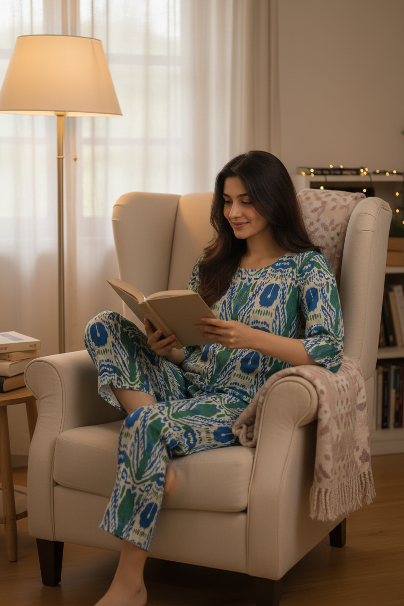 Women Pure Cotton Ikat Print Night Suit Set | Soft Breathable Nightwear Co-Ord Loungewear for Women | Comfortable Sleepwear Set