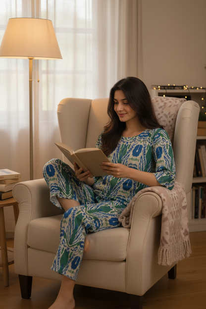Women Pure Cotton Ikat Print Night Suit Set | Soft Breathable Nightwear Co-Ord Loungewear for Women | Comfortable Sleepwear Set