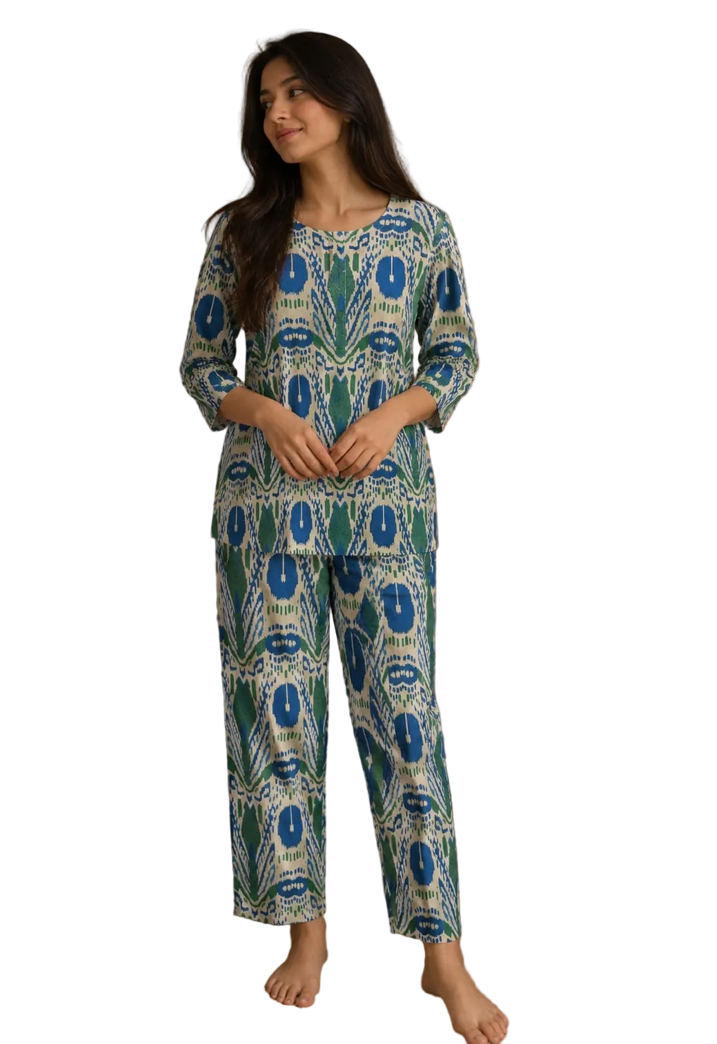 Women Pure Cotton Ikat Print Night Suit Set | Soft Breathable Nightwear Co-Ord Loungewear for Women | Comfortable Sleepwear Set