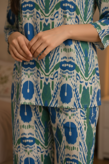 Women Pure Cotton Ikat Print Night Suit Set | Soft Breathable Nightwear Co-Ord Loungewear for Women | Comfortable Sleepwear Set