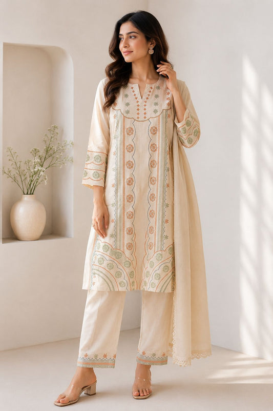 Women’s Premium Khadi Cotton Printed Kurti Pant Dupatta Set | Elegant Ethnic Wear for Women | Soft Straight Kurta Set with Dupatta