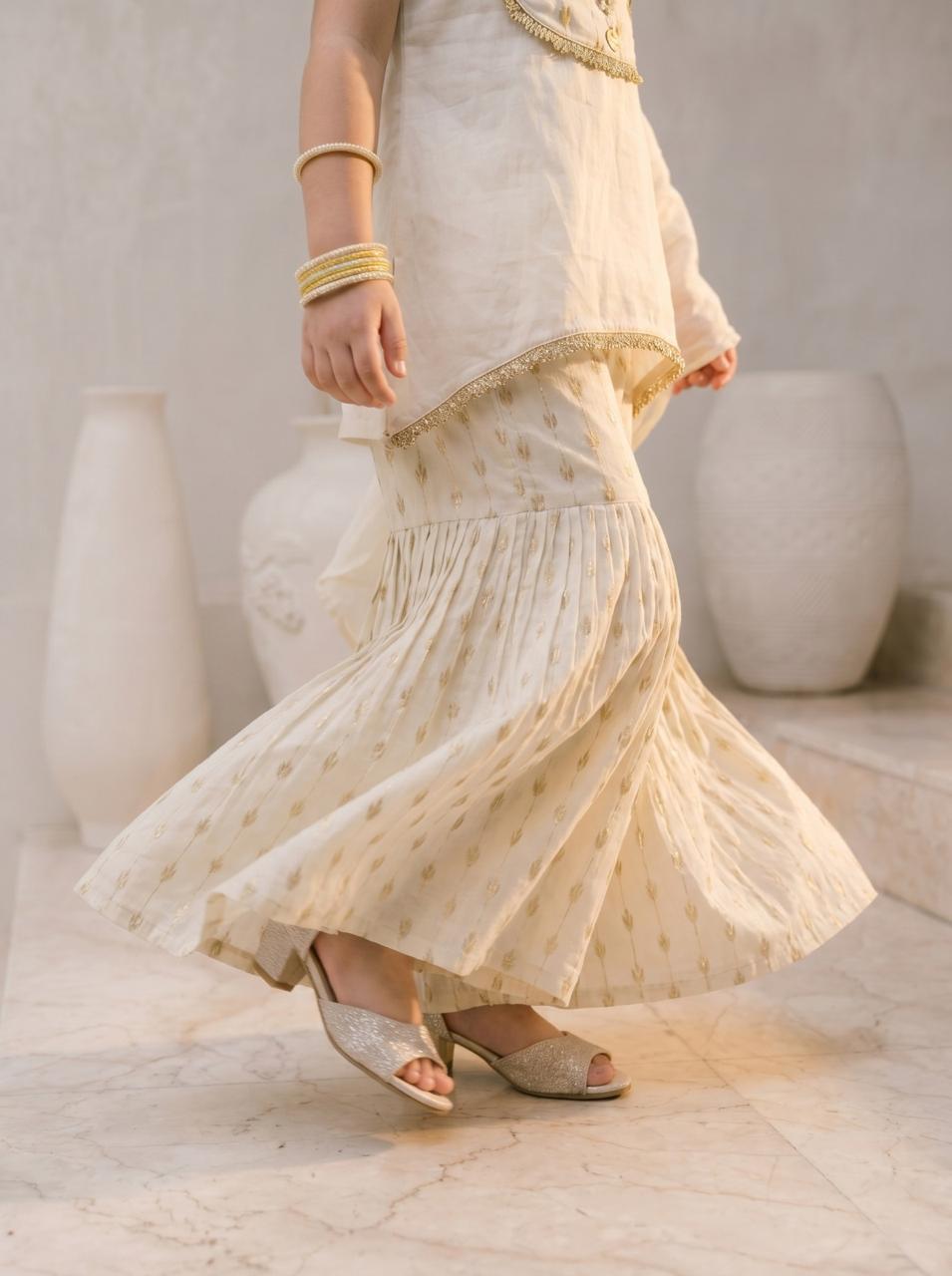 Girls Cream Ethnic Sharara Set with Dupatta | Kids Festive Wear Suit | Embroidered Sleeveless Kurti & Palazzo Set for Baby Girls