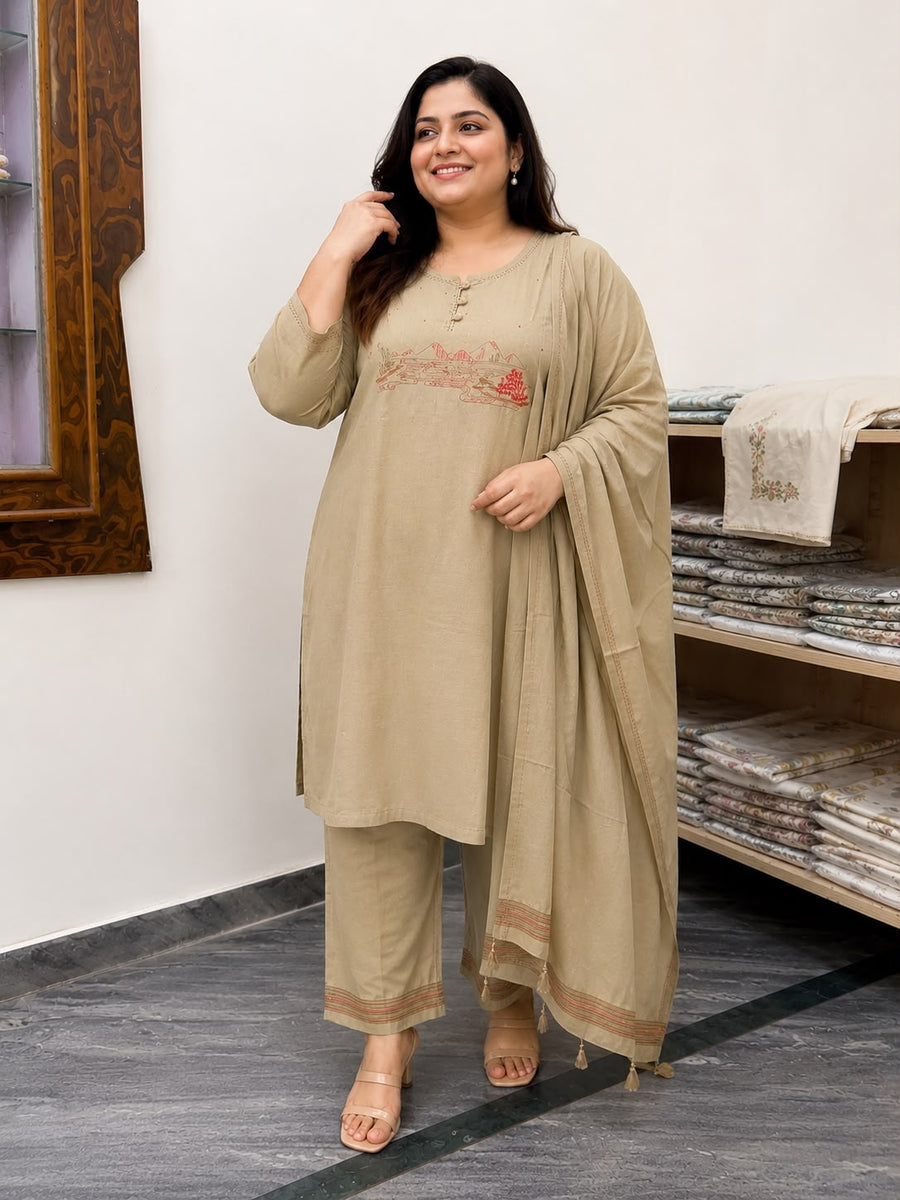 Women's Beige Cotton Kurti Set with Dupatta | Premium Printed Straight Kurta, Pant & Dupatta | Ethnic Casual Wear