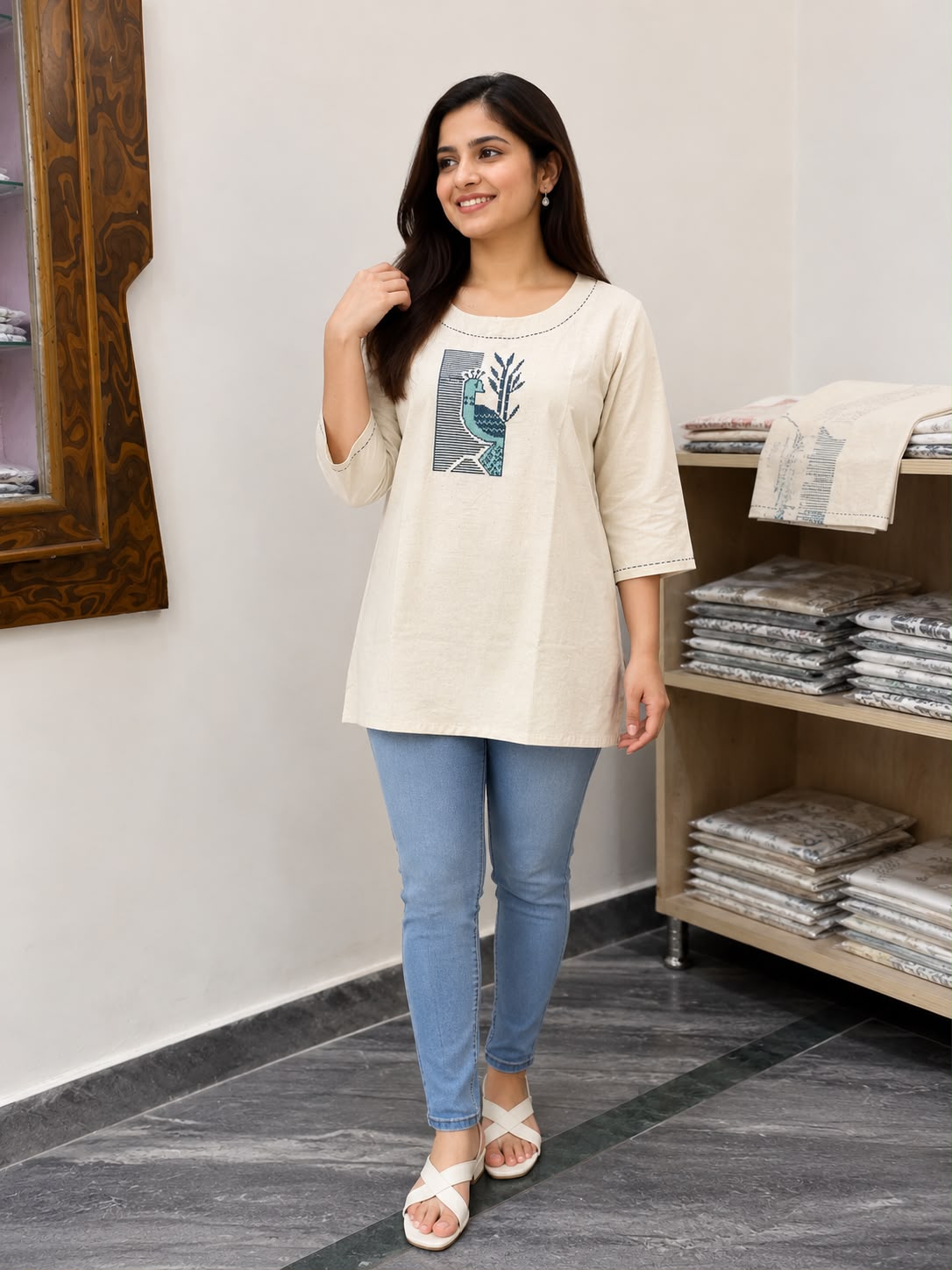 Women Khadi Short Kurti – Off White Cotton Short Kurta Top with Peacock Print for Casual Wear