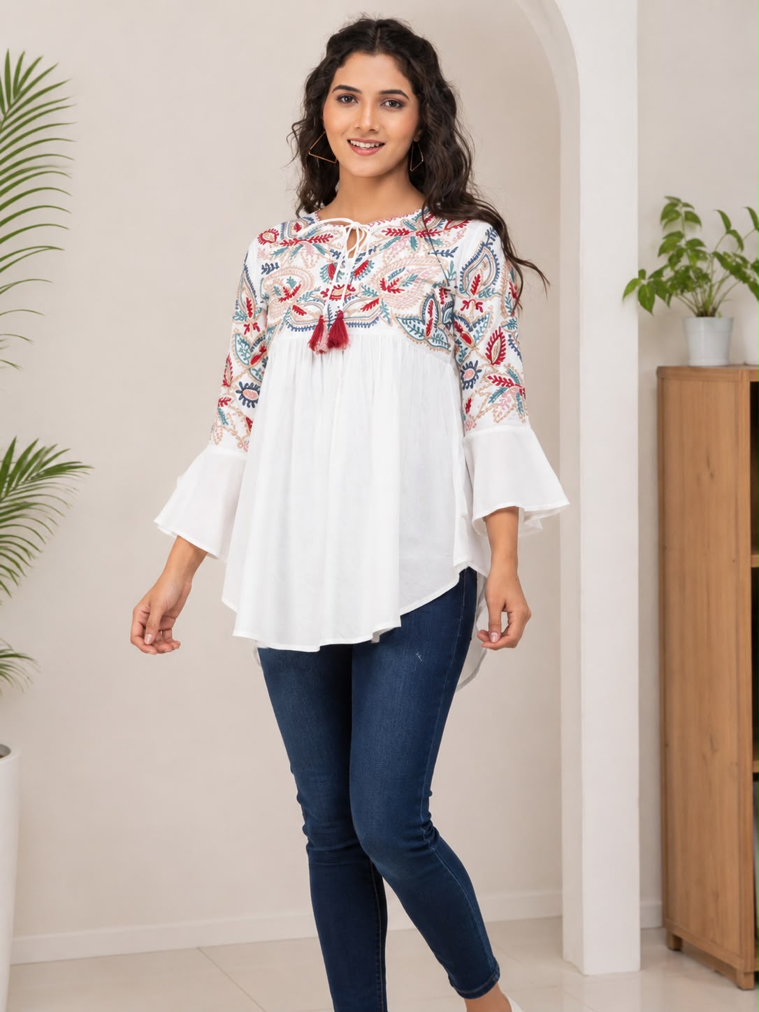 Women's White Embroidered Cotton Peplum Top | Floral Embroidered Bell Sleeve Casual Top for Jeans & Everyday Wear