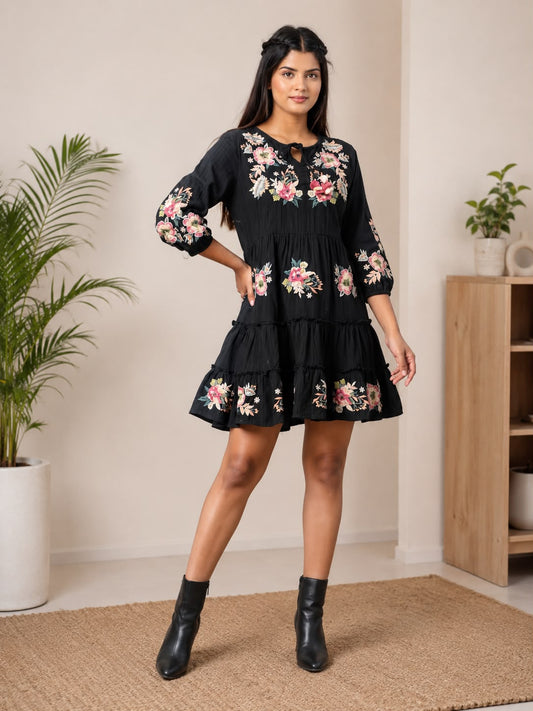 Women's Black Floral Printed Tiered Mini Dress | Cotton Casual Fit & Flare Dress with 3/4 Sleeves