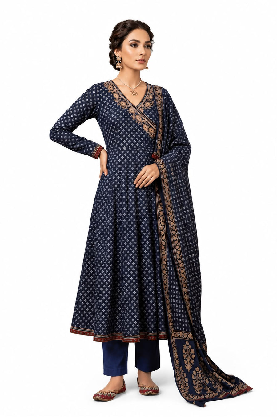 Women’s Navy Blue Printed Anarkali Kurti Set with Dupatta | V-Neck Flared Kurta, Straight Pants & Printed Dupatta